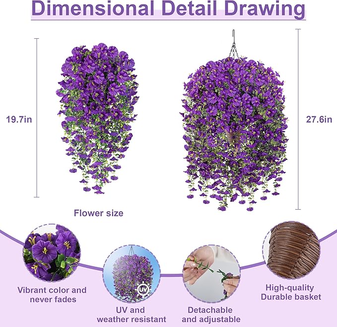 Artificial Hanging Flowers with Basket, 480 Blooms UV Resistant Faux Morning Glory Silk Plants, Fast & Easy Assembly Fake Hanging Baskets for Outdoor Porch Patio Garden Decor, Purple