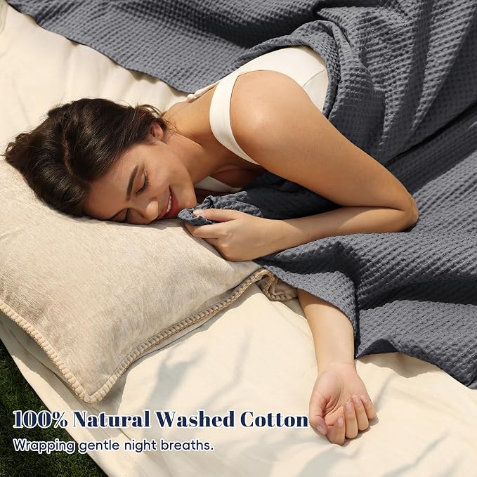 PHF Pre-Washed 100% Cotton Waffle Weave Blanket Queen Size for Bed,Snag Proof Throw Blanket for Couch Spring Summer Lightweight Breathable,Machine Washable, Home Decor Gift - Charcoal