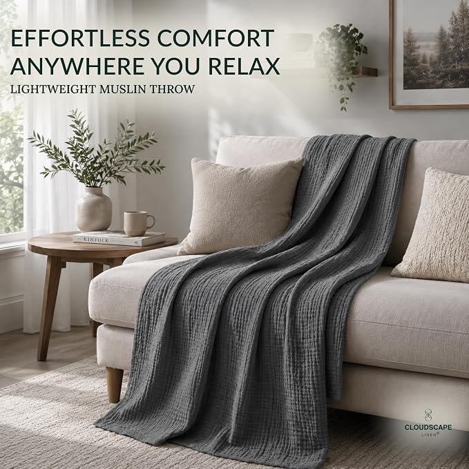 CLOUDSCAPE 4 Layer Muslin Blanket for Adults - 100% Cotton Throw Blanket - 50"x70" Oversized Gauze Throw for Sofa, Couch - Soft Lightweight Breathable Muslin Cotton Throws for Summer - Sharkskin