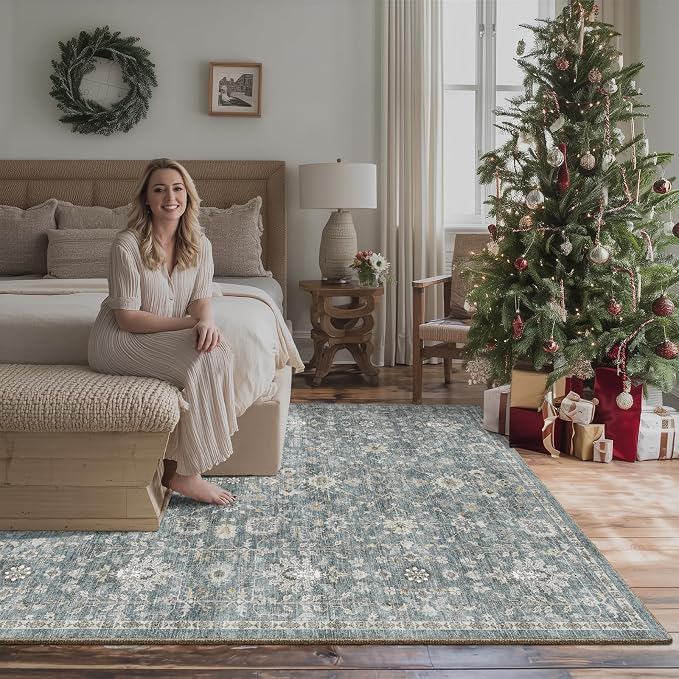 Washable Rugs for Living Room: 6x9 Area Rugs for Bedroom Ultra Soft Non-Slip Stain Resistant Vintage Boho Large Carpet for High-Traffic Dining Room - Farmhouse Decor