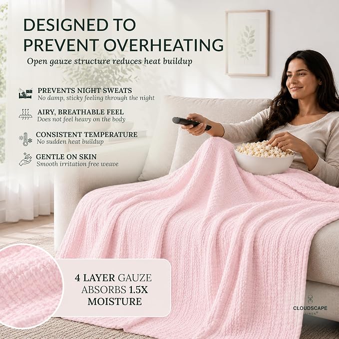 CLOUDSCAPE 4 Layer Muslin Blanket for Adults - 100% Cotton Throw Blanket, 50"x70" Oversized Gauze Throw for Sofa, Couch -Soft Lightweight Breathable Muslin Cotton Comforter for Summer - Seashell Pink