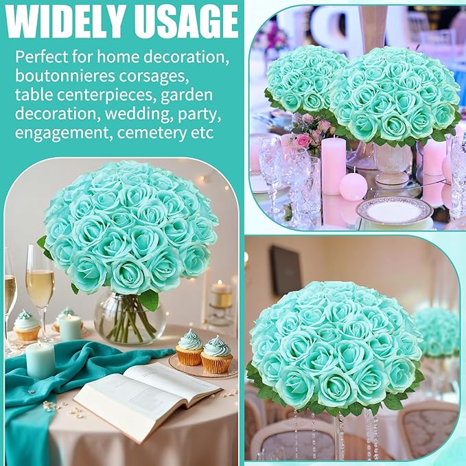 36 Pcs Turquoise Artificial Roses with Long Stems, Fake Silk Rose Artificial Flowers Bulk for Bridal Wedding Bouquet Centerpiece Ball Arrangement Party Decor