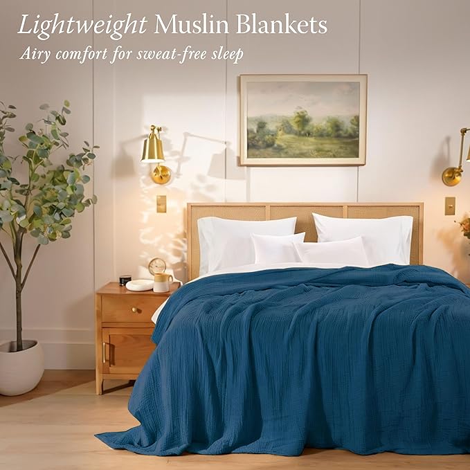 Threadmill Muslin King Blanket | 4 Layer 100% Cotton Gauze Summer Blanket |Pre Washed, Soft, Breathable, and Cozy for All Seasons | Lighweight King Size Throw Blanket for Bed | Folkstone Blue
