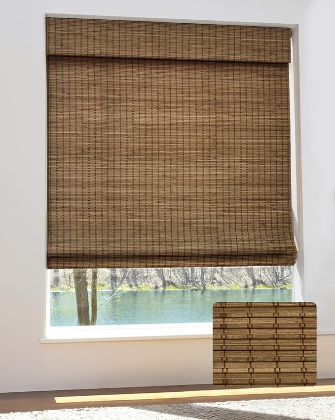 UNISHADES Cordless Bamboo Roman Shades, 30.5×64 in, Highfield Teak | Wide Bamboo Strip Weaving Technique, High light-blocking capacity, High Level of Privacy Protection
