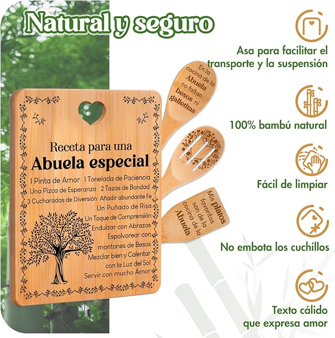 Regalos de cumpleaños para Abuela - "Receta para una Abuela especial". Juego de tablas de cortar y utensilios de bambú grabados. Regalos de cumpleaños para Abuela. Spanish Grandma Cutting Board