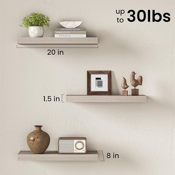 Fun Memories 20 Inch Floating Shelves for Wall, 8 Inch Deep Rustic Wood Wall Mounted Shelves with Invisible Brackets for Bathroom, Bedroom, Kitchen & Living Room Storage Decor, Grey, 2 Pack