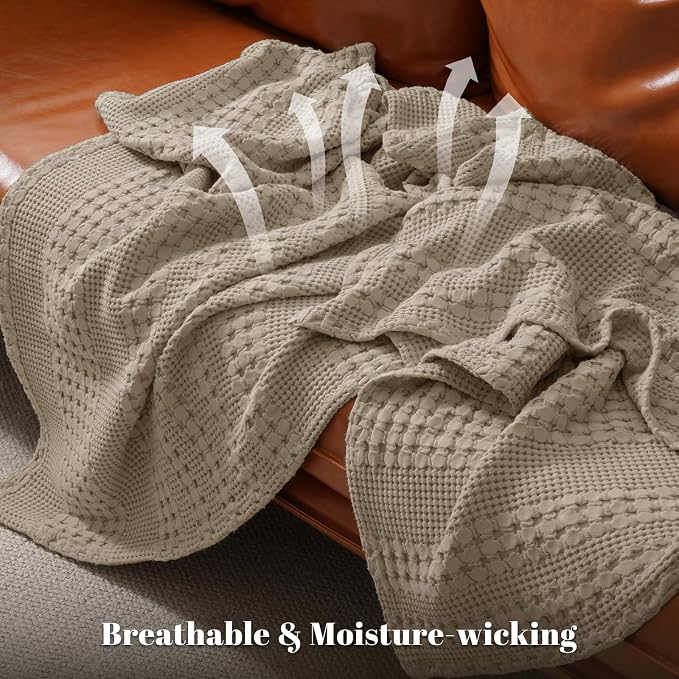 PHF 100% Cotton Waffle Throw Blanket for Couch, Lightweight Breathable and Soft for Summer, Luxury Aesthetic Waffle Weave Blanket for Home Decor & Office, Gifts for Women, 50"x60", Taupe