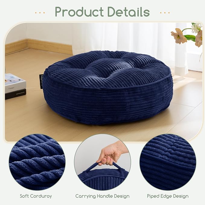 HIGOGOGO 6" Extra Thick Floor Pillow Cushion for Adults, Meditation Cushion Pillow, Large Round Floor Sitting, Tufted Corduroy Cover, for Tatami Living Room or Yoga, 22x22 Inch, 2Pack, Navy