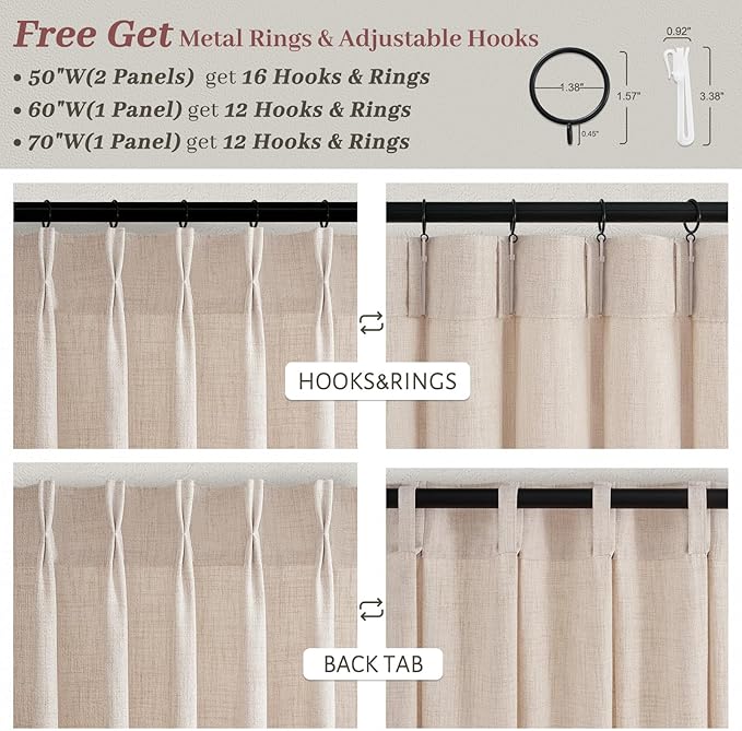 Extra Long 120 Inch Natural Linen Large Living Room Curtains 2 Panels Set, Memory Trained Pinch Pleated Semi Sheer Decorative Curtain Light Filtering Bedroom High Ceiling Windows Drapes 10FT Length