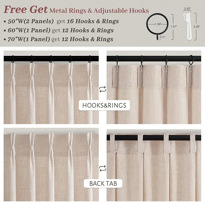 Thick Natural Linen Pleated Semi Sheer Curtains 96 Inches Long for Living Room 2 Panels Set, Memory Trained Pinch Pleat Country Viral Curtain Privacy Light Filtering 8FT Length Bedroom Windows Drapes