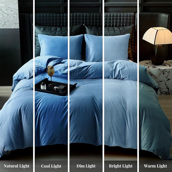 WARMDERN Light Blue Flannel Velvet Duvet Cover King Size Duvet Cover Bedding Sets, 3pcs Ultra Soft Luxury Textured Modern Crystal Velvet Duvet Covers with Zipper Closure(Light Blue, King)