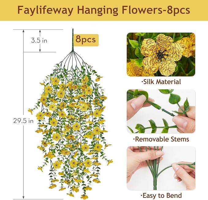 Artificial Hanging Flowers for Outdoors Spring Summer Decoration, 8PCS UV Resistant Silk Fake Hanging Plants for Patio Porch Front Yard Window Garden Indoor Decor(Yellow,8PCS)