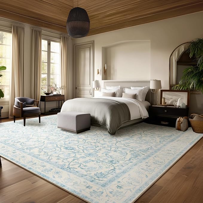 Washable Rugs for Living Room: 9x12 Area Rugs for Bedroom Ultra Soft Non-Slip Low Pile Vintage Boho Large Carpet for High-Traffic Dining Room - Farmhouse Decor