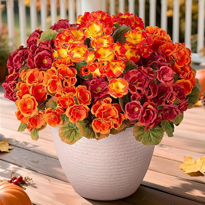 Ammyoo Fake Fall Flowers Artificial for Outdoors Decoration, 6 Bundles Faux Geranium Silk Flower Outside UV Resistant No Fade Artificial Floral for Home Garden Balcony Indoor Table Centerpieces Decor