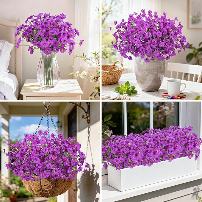 Ouddy Decor 12 Bundles Artificial Flowers for Outdoors Fake Silk Flowers UV Resistant Faux Plastic Plants for Indoor Outdoor Vase Box Garden Porch Window Box Home Spring Summer Decor, Purple