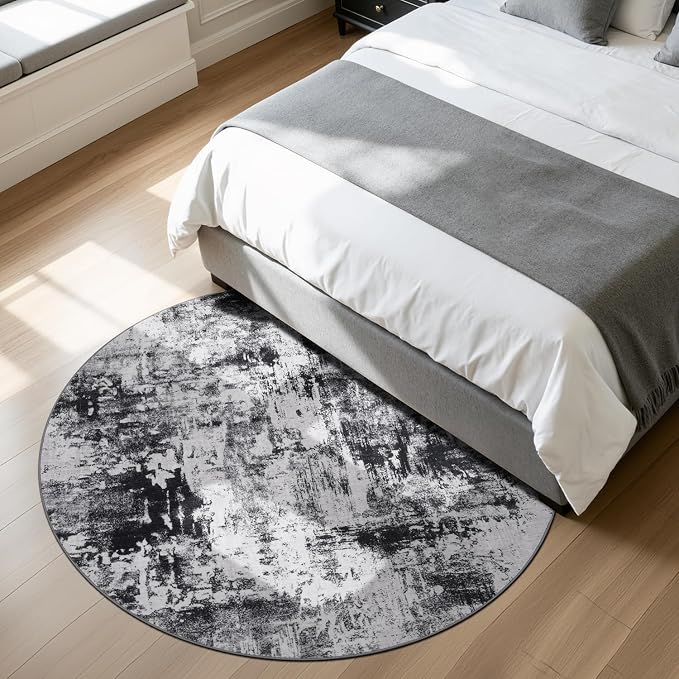 Rugflix Round Area Rugs 6Ft for Living Room, Washable Circle Rug Stain-Resistant Low Pile, Modern Dark Carpet for Bedroom Dining Room Home Office Kid Nursery Room, Black Grey