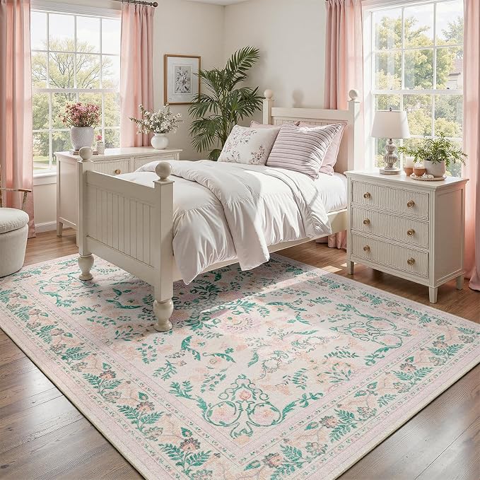 DCX 8x10 Pink Rug, Floral Rug for Girl’s Bedroom, Cute Soft Low Pile Non Slip Stain Resistant Machine Washable Indoor Décor, Kid & Pet Friendly Nursery Carpet for Living Room, Dorm, Playroom