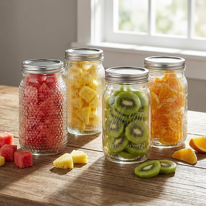 Rubtlamp Clear Mason jar 32 oz, 12 Mixed Pack Glass Jars - Wide Mouth Mason Jars with Airtight Lids for Pickling, Fermenting, Food Storage&DIY Crafts, Microwave & Dishwasher Safe