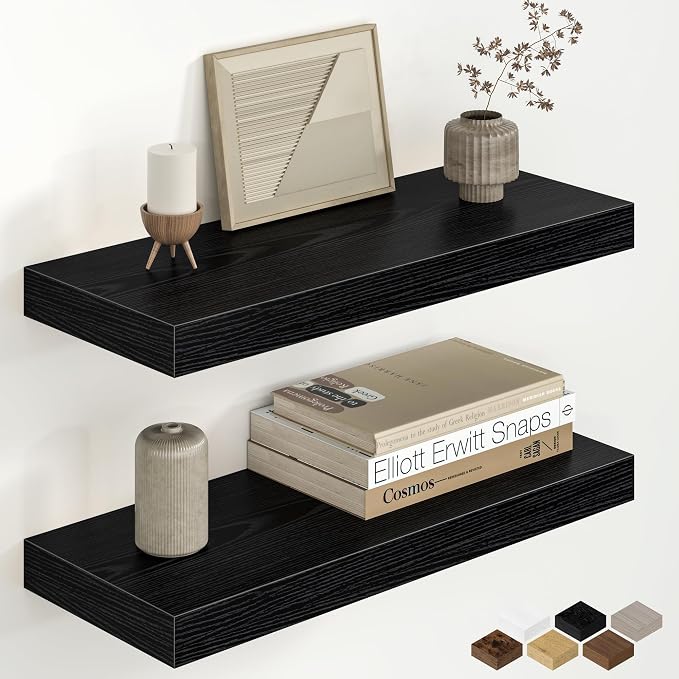 Fun Memories 20 Inch Floating Shelves for Wall, 8 Inch Deep Rustic Wood Wall Mounted Shelves with Invisible Brackets for Bathroom, Bedroom, Kitchen & Living Room Storage Decor, Black, 2 Pack