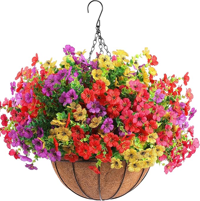 Rowfad 36 Bundles Artificial Flowers Outdoors UV Resistant Fake Plastic Spring Mum Flowers Colorful Silk Plants for Outside Porch Window Patio Home Decor(36, Red, Purple, Yellow, Rose Red)