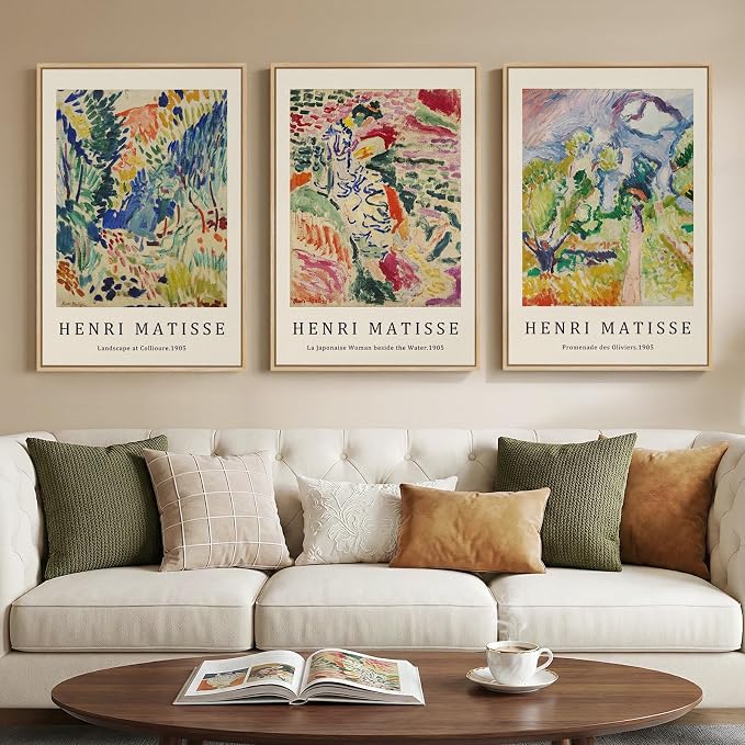 Large Framed Matisse Wall Art for Living room, Set of 3 Colorful Abstract Landscape Canvas Artwork for Walls, Retro Vintage Matisse Famous Paintings Prints Pictures for Bedroom, Hallway Home Office, Total Size 30x60