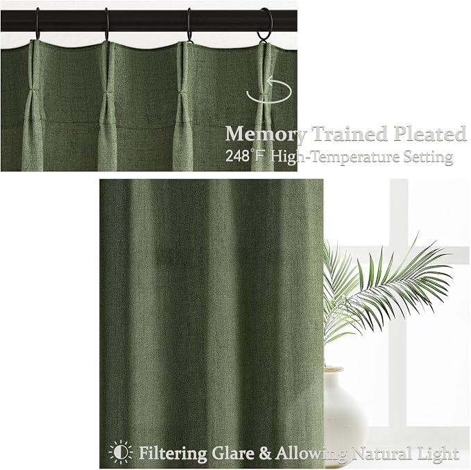PleatedDrapes Vintage Moody Green Lodon Curtains for Living Room, Linen Blend Semi Sheer Pinch Pleated Drapes 108 Inches Long 2 Panels Set Light Filtering Privacy Window Olive Dark Academia Decor