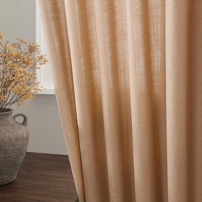 Camel Linen Curtains 96 Inches Long for Living Back Tab Rod Pocket Vintage Rustic Farmhouse Light Filtering Curtain Burlap Textured Linen Drapes 96 Inch Length for Dinning Room Bedroom 52x96