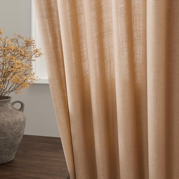 Nanspring Camel Linen Curtains 63 Inches Length 2 Panels Set for Living Room Back Tab Pocket Light Filtering Semi Sheer Drapes Modern Farmhouse Cotton Linen Textured Window Curtain 52X63 Inches
