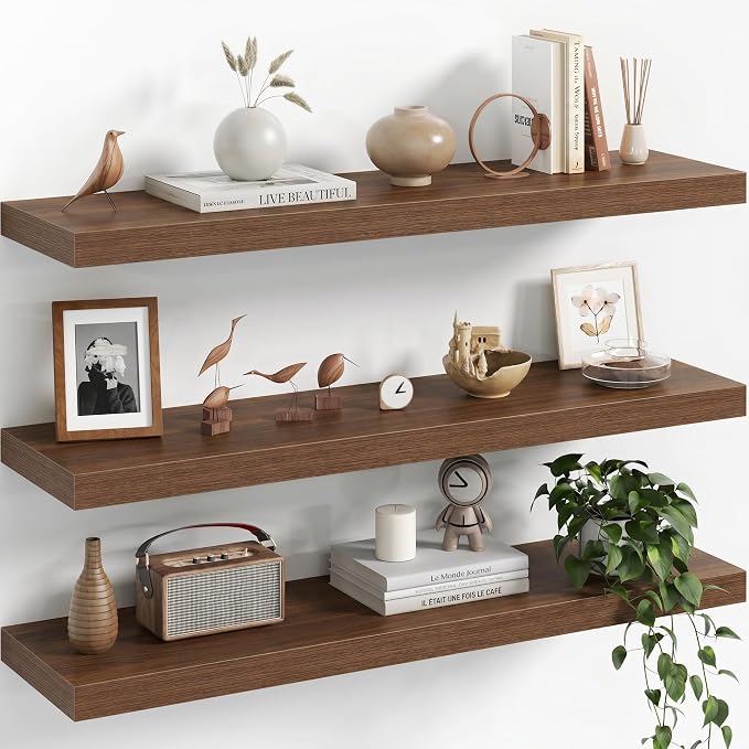 Fun Memories 32Inch Floating Shelves for Wall, 8 Inch Deep Shelves for Bathroom|Bedroom|Kitchen Wall Mounted, Wood Hanging Shelf with Invisible Brackets for Home Storage Decor, Walnut - 3 Pack
