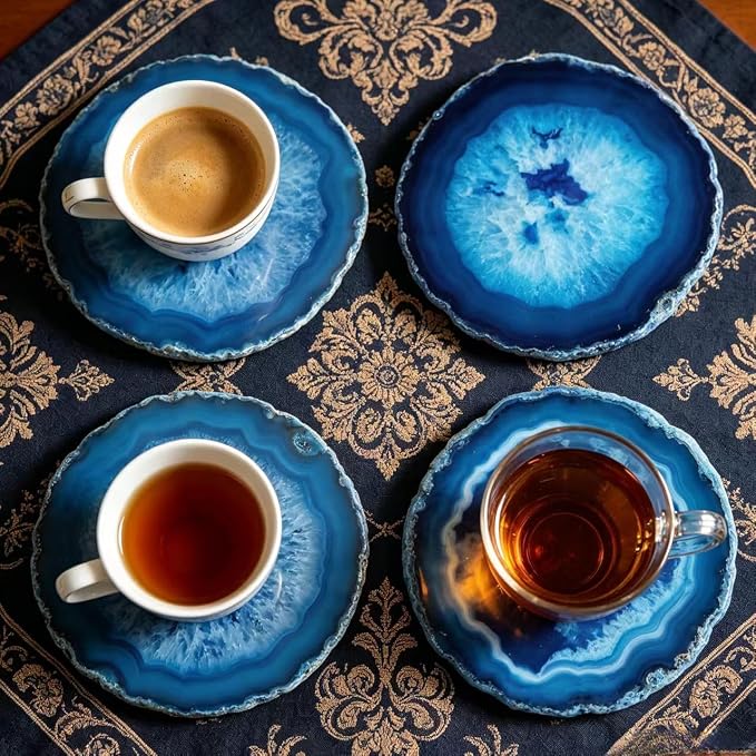 Natural Agate Coaster for Drinks Geode Stone Coasters Teal Irregular 4Pcs Dyed Agate Sliced Cup Mat 3-4'' DIY Decorative Paintings Ornaments Housewarming Gift