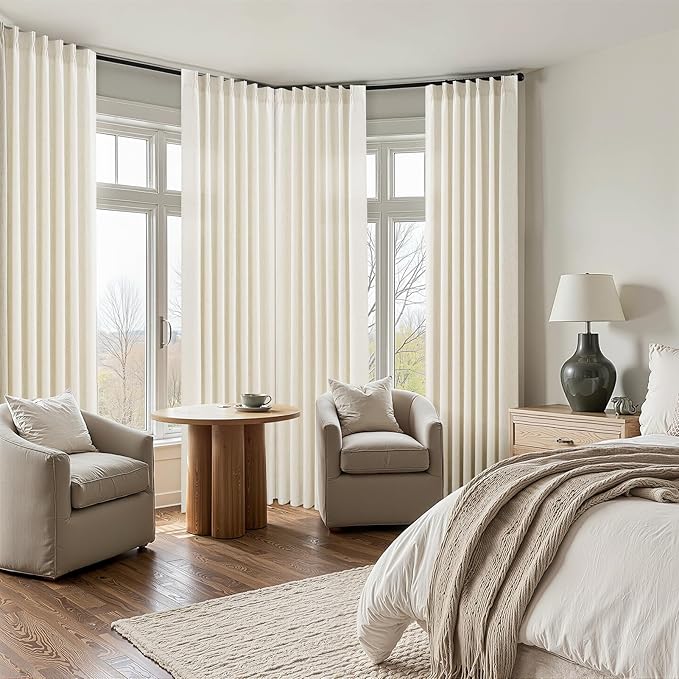 Pinch Pleated Linen 96 inch Long Curtains for Living Room Bedroom 2 Panels Neutral Cream Beige Thick Linen Textured Farmhouse Pleat Curtain with Hooks Rings Back Tab Light Filtering Drapes 8 FT