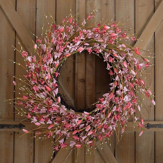 Bibelot 18inch Artificial Forsythia Flower Wreath, All Year Around Wreath for Front Door, Wedding Window Home Wall Indoor Front Door Decor (Pink, 18in)