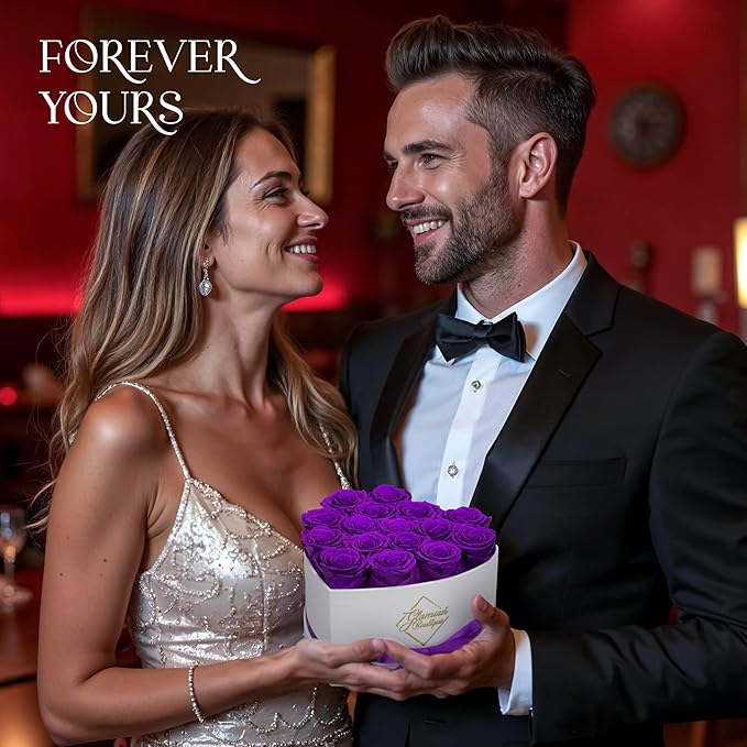 GLAMOUR BOUTIQUE Preserved Roses in a Box - Gifts for Her, Wife & Mom, Rose Flowers Forever Decor for Birthday Gift, Get Well Flower Bouquet Cased in White Box with Cover - Purple - 16 (Color-Treated)