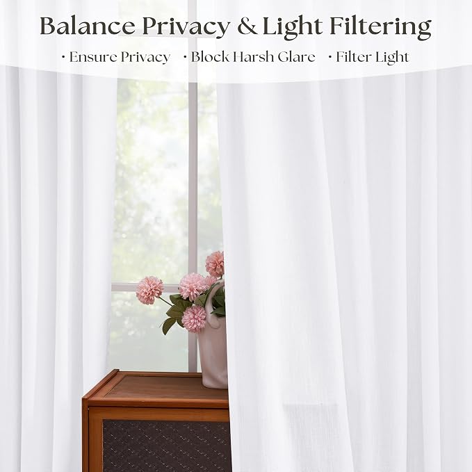 White Linen Curtains 108 Inches Long Pinch Pleated for Living Room 2 Panels Boho Farmhouse Thick Linen Textured Pinch Pleat Drapes Hooks Rings Back Tab Extra Long 108 Inch Curtain for Dining Bedroom