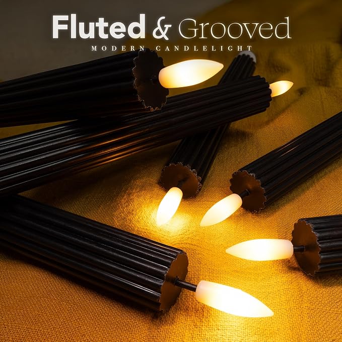 6 Pack, 10" LED Flameless Real Wax Black Fluted Ribbed Grooved Taper Candles, Remote & 24h Timer Memory, On/Off Button, Dimmable, Flicker Mode, Battery Operated, Wedding