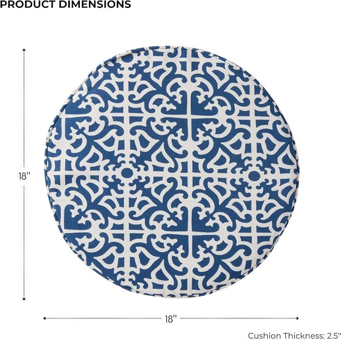 Set of 2 Outdoor 18 inch Round Patio Dining Chair Pads – Comfortable Fiber-Filled Seat Cushions with Ties, Reversible Polyester Fabric, Indigo Blue Lattice