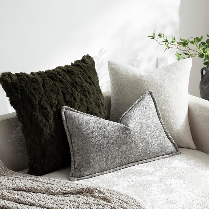 DEZENE Pack of 2 Light Gray Decorative Throw Pillow Covers 12x20 Cozy Soft Chenille Accent Vintage Rectangular Lumbar Couch Pillow Covers for Home Decor Bed Sofa Living Room