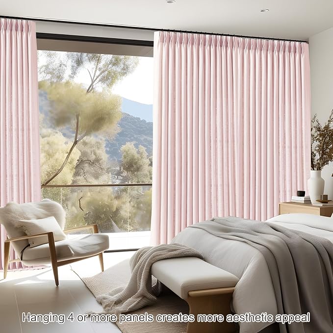 Light Pink Pinch Pleated Linen Curtains 84 Inches Long for Baby Girls Bedroom, Light Filtering Pleat Drapes Textured Thick Memory Trained Semi-Sheer Curtain with Hooks for Nursery, 2 Panels, Blush