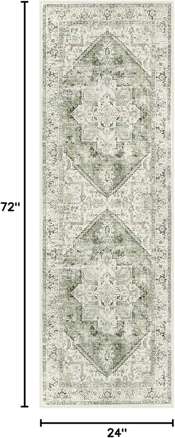 LIVEBOX Washable Runner 2x6 - Vintage Tribal Kitchen Rug, Long Entryway, Low-Pile for Bedroom, Non-Skid Soft Carpet Throw for Bathroom Laundry Room Hallway Sage