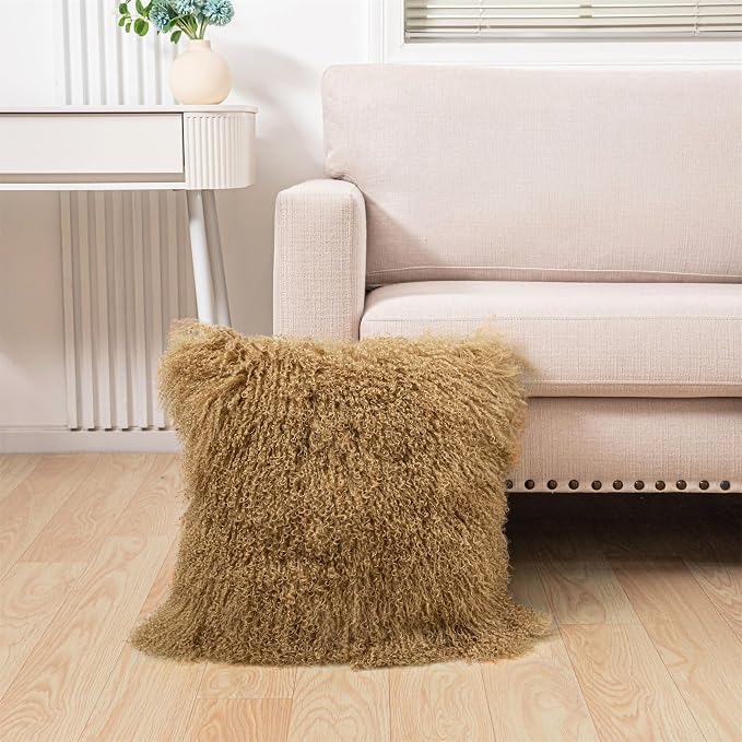 Real Mongolian Lamb Fur Throw Pillow Curly Wool Square Cushion Fluffy Soft for Living Room Bedroom,45cm (18")(Khaki)