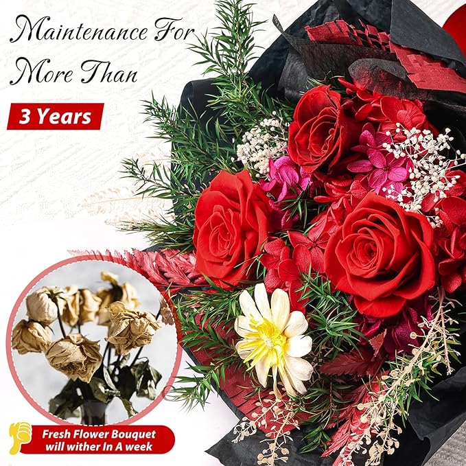 Flowers for Delivery Prime, Valentines Day Gifts for Her, Preserved Flowers Bouquets, Red Rose Birthday Gifts for Women Mom Wife Girlfriend Grandma, Real Forever Flower for Mothers Day Anniversary