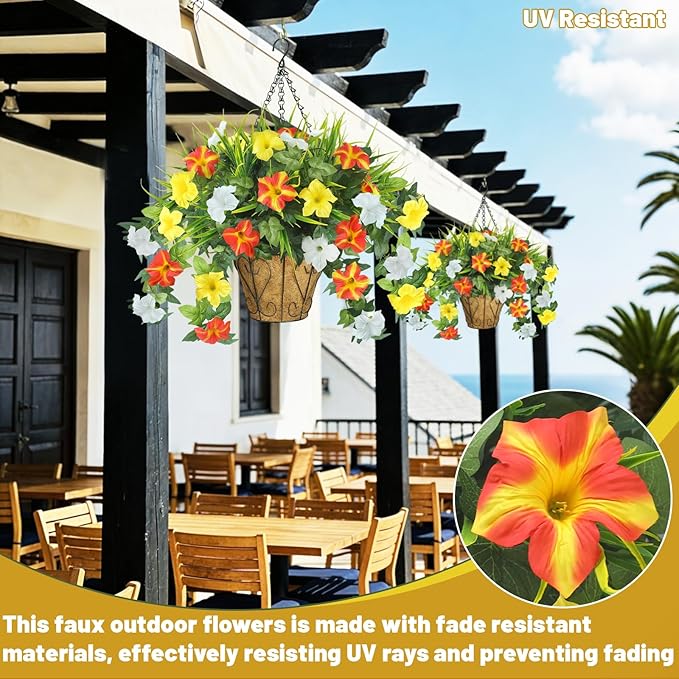 2 Pack Artificial Flowers Hanging Baskets for Outdoors, 10 PCS UV Resistant Faux Outdoor Plants, Fake Petunias Silk Flowers for Garden Balcony Yard Porch Decor (Yellow Orange White)