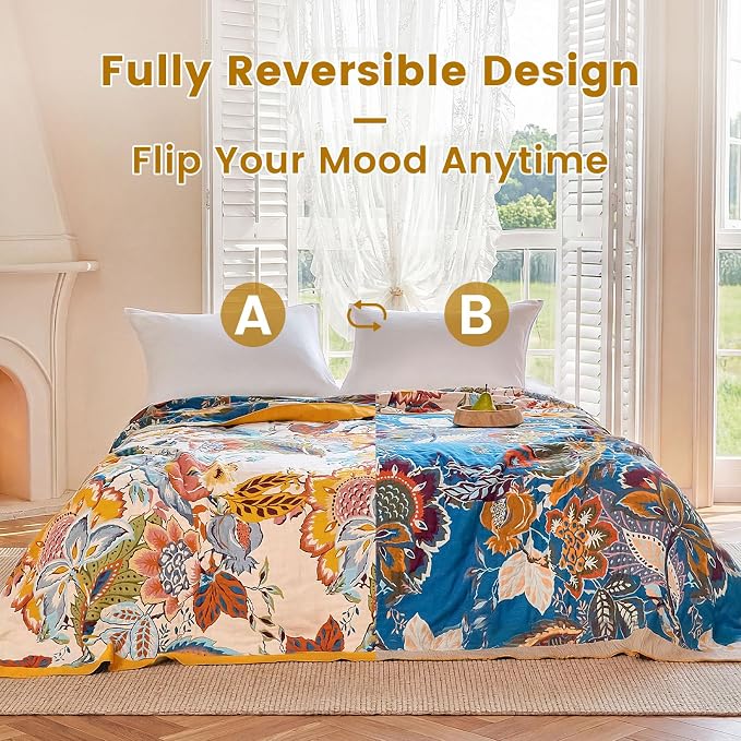 MSGKV Boho Throw Blanket 90"x108" Floral Cotton Blanket for Bed Summer Breathable Lightweight Farmhouse King Blankets Home Decor Muslin All Seasons