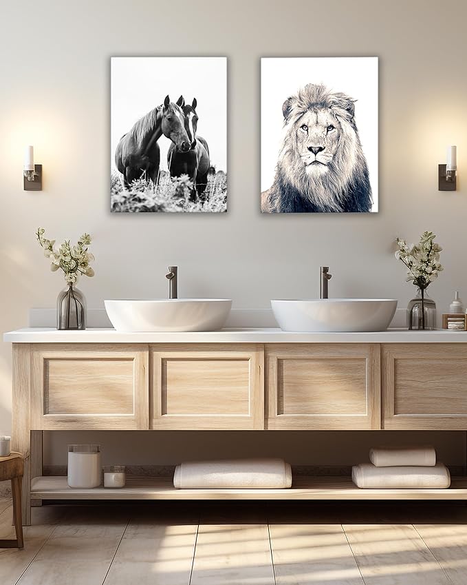UPWOIGH Bathroom Wall Art Decor, Black and White Lion Wall Art, Waterproof Wood Framed Canvas Wall Art Animals Abstract Prints, 12"x16" High-end Pictures for Dormitory Kids Room 1 Pack
