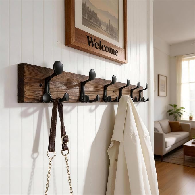 WEBI Coat Rack Wall Mount,36" Solid Wood Coat Hooks Wall Mounted Coat Hanger,16" Hole to Hole,Heavy Duty Hook Rack,6 Triple Hooks for Hanging Coats,Jacket,Hat,Backpack,Farmhouse,Brown
