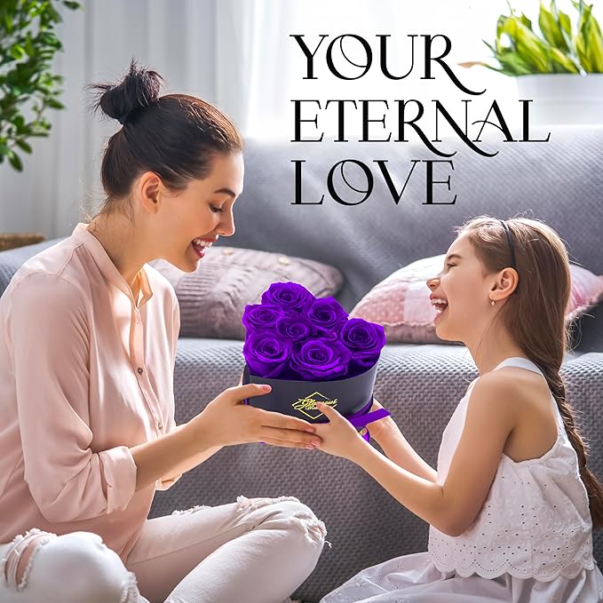 GLAMOUR BOUTIQUE 7 Flower Forever Heart Shape Box, Eternal Preserved Roses Gift for Her, Lasting Flowers, Petite Floral Heart Box for Birthday, Anniversary or Valentine’s Day, Purple (Color-Treated)