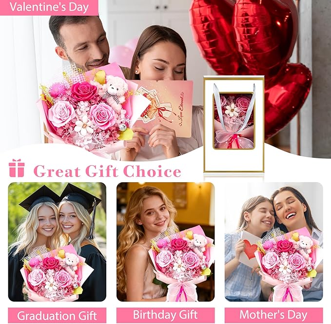 Flowers for Delivery, Preserved Flowers Bouquet, Pink Rose Bear Forever Flower Bouquet with Gift Box, Mothers Day Gifts for Mom, Birthday & Valentines Day Gifts for Women, Wife, Her, Grandma