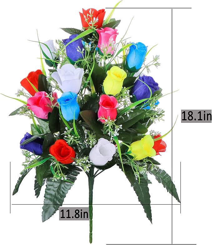 LVXINLI 2 Sets Artificial Cemetery Flowers,Outdoor Grave Decorations Roses,Beautiful Arrangements Bouquet with Cemetery Vase,Lasting and Non-Bleed Colors (Colorful)