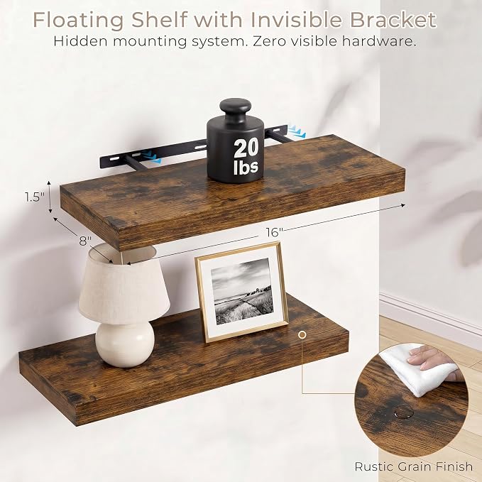 Vivelove Wall Floating Shelves for Display with Invisible Brackets,16 Inch Floating Shelf for Bathroom Bedroom Living Room Kitchen, 16" X 8" X 1.4", Set of 2 - Rustic Brown