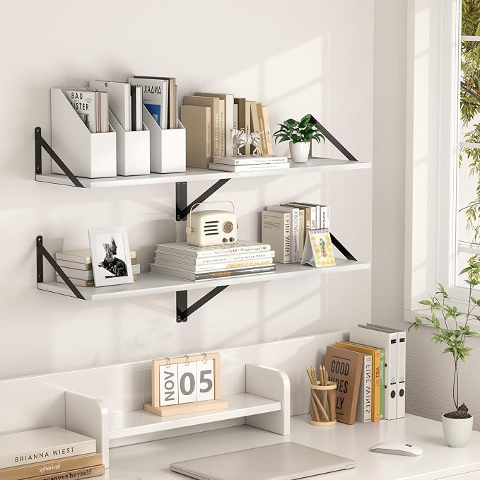 Heimlove White Deep Floating Shelves for Wall, 20W x 12D Wood Wall Shelves Set of 2, Wide Floating Bookshelf for Living Room, Kitchen, Office, Bedroom and Decor Storage, with Black Bracket - White
